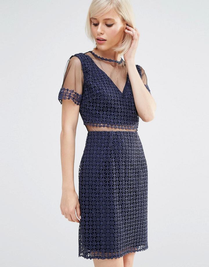 Lost Ink Fitted Cut Out Lace Dress - Navy