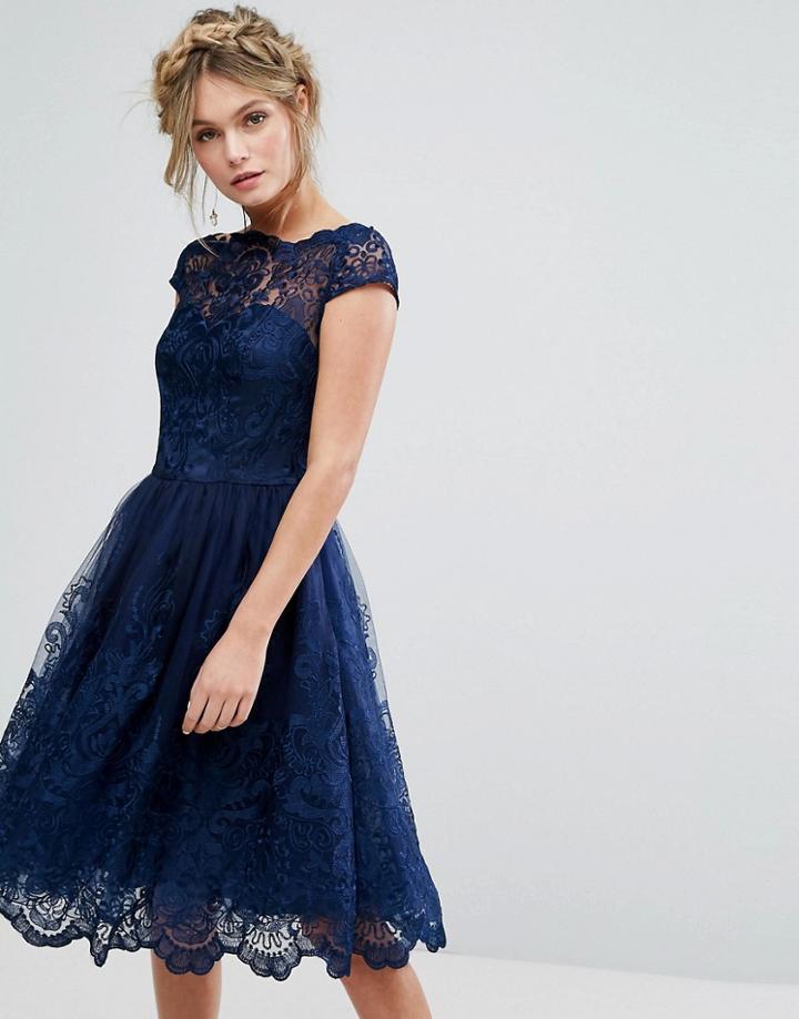 Chi Chi London Premium Lace Midi Dress With Cap Sleeve - Navy