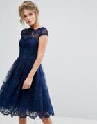 Chi Chi London Premium Lace Midi Dress With Cap Sleeve - Navy