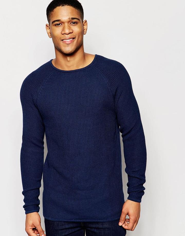 Solid Textured Knitted Sweater With Raglan Sleeves - Navy