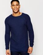 Solid Textured Knitted Sweater With Raglan Sleeves - Navy