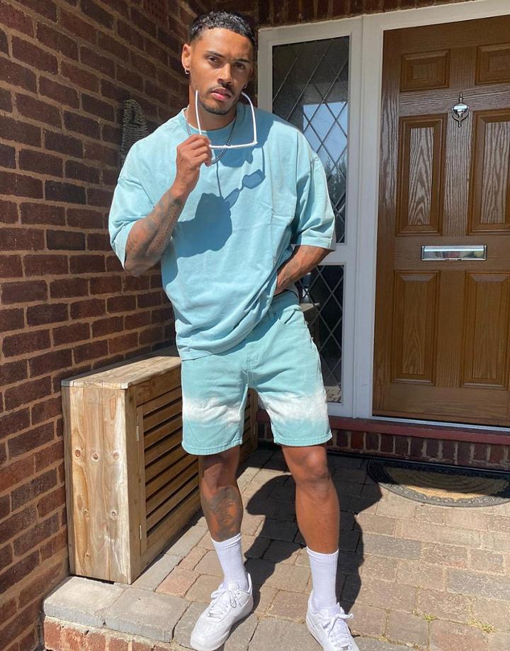 Asos Design Oversized T-shirt With Half Sleeves In Blue Acid Wash-green