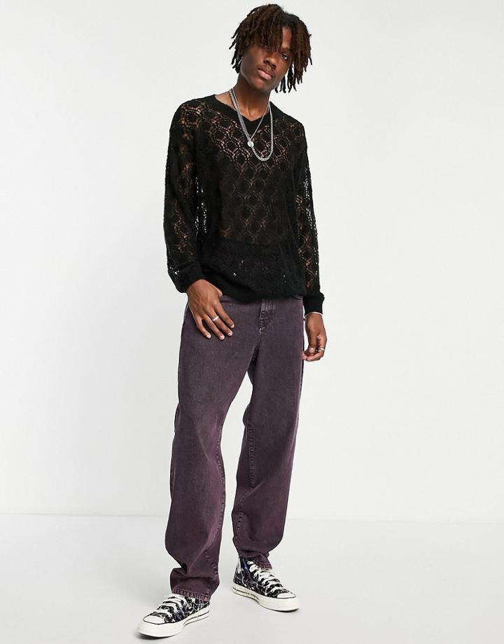 Asos Design Knitted Pointelle Sweater In Black