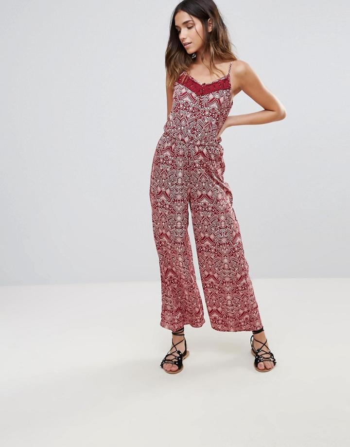 Brave Soul Khan Jumpsuit With Crochet Trim - Red