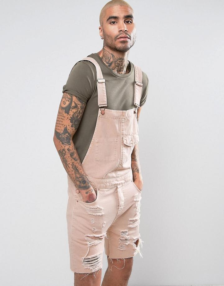Asos Short Denim Overalls In Pink With Mega Rips - Pink