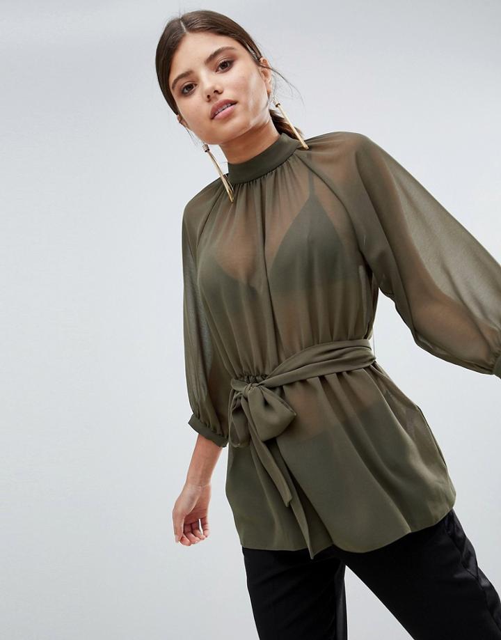 Asos Sheer Belted Blouse With Open Back - Green