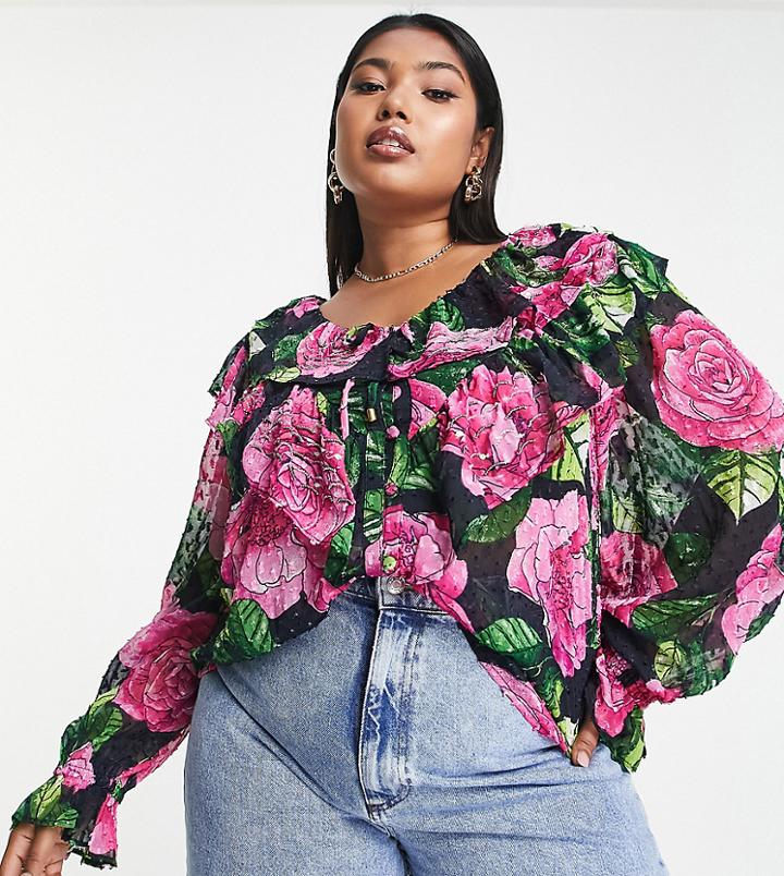 River Island Plus Textured Printed Blouse In Pink-purple
