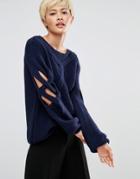Oneon Hand Knitted Jumper With Cable And Open Lattice Sleeve - Blue