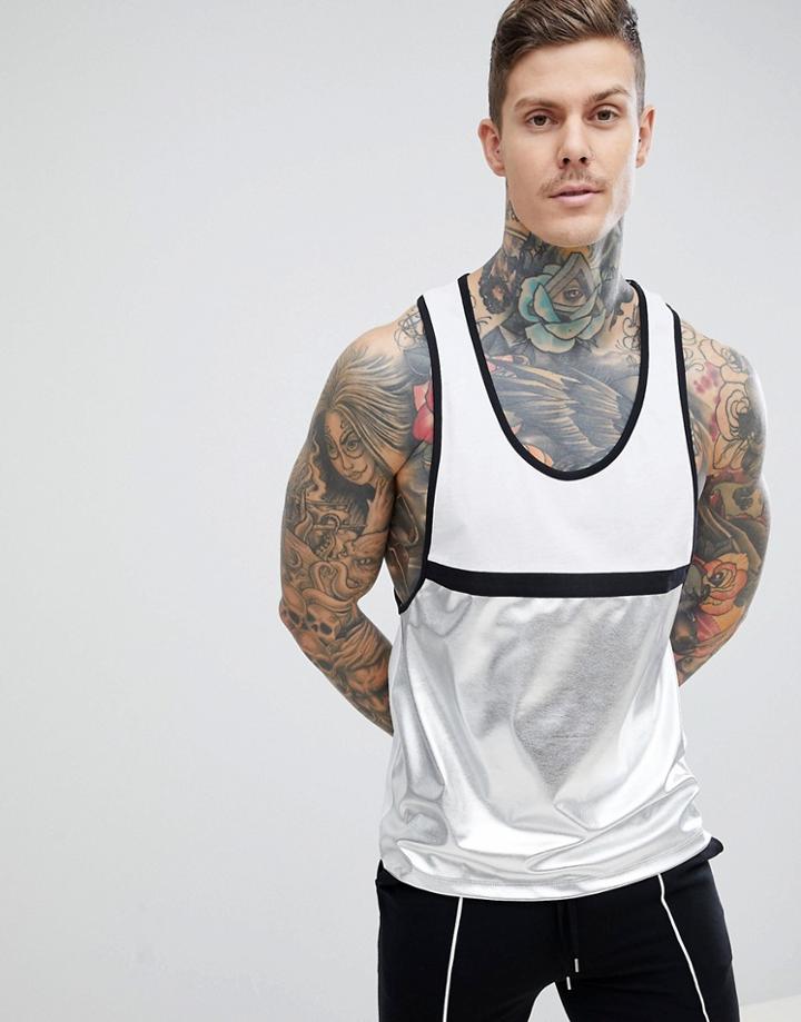 Asos Design Longline Sleeveless T-shirt With Metallic Cut And Sew - Silver