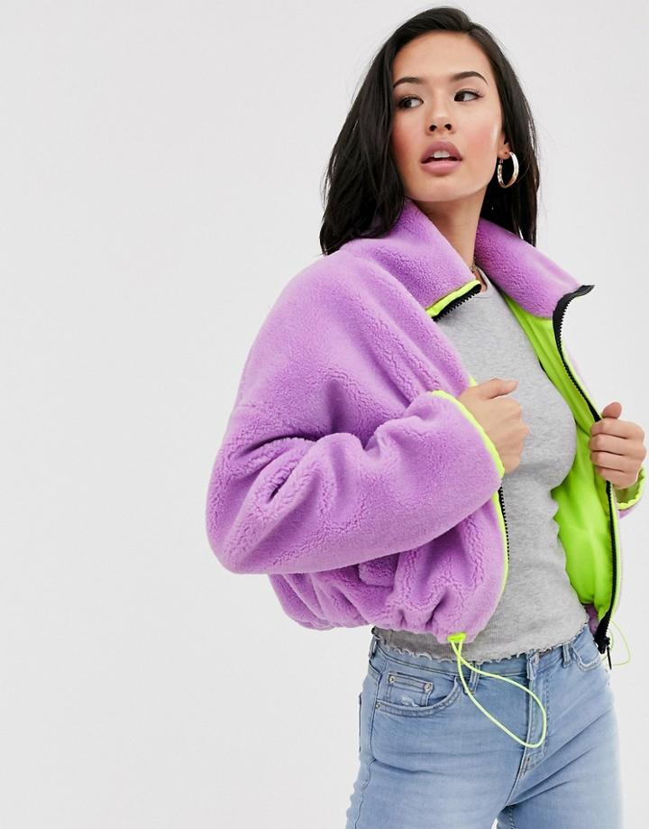 Asos Design Cropped Fleece Jacket With Neon Binding - Green