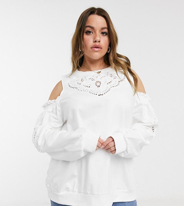 River Island Plus Cold Shoulder Eyelet Sweatshirt In Cream-white