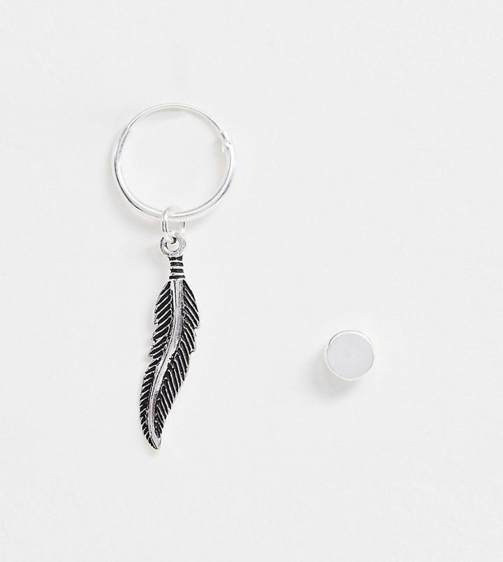 Asos Design Sterling Silver Hoop And Stud Earrings With Feather - Silver