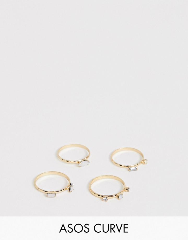 Asos Design Curve Pack Of 4 Rings With Stone And Crystal Details In Gold - Gold