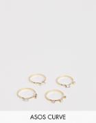 Asos Design Curve Pack Of 4 Rings With Stone And Crystal Details In Gold - Gold