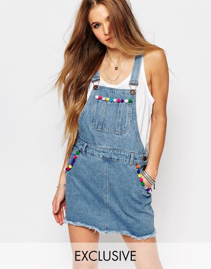 Liquor & Poker Overall Dress With Raw Hem And Pom Poms - Blue