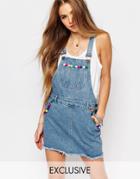 Liquor & Poker Overall Dress With Raw Hem And Pom Poms - Blue