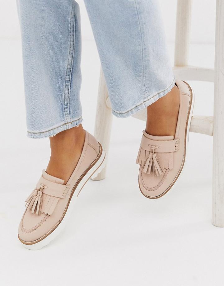 Asos Design Meze Chunky Fringed Leather Loafers In Beige