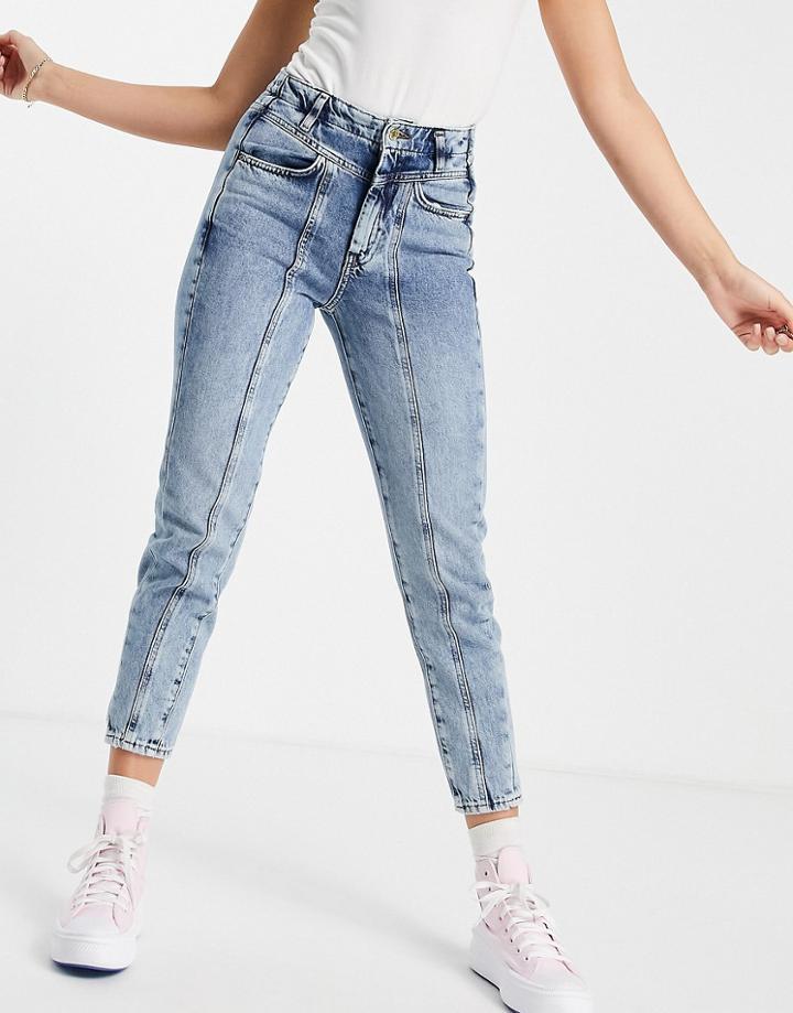 New Look Seam Detail Mom Jean In Mid Blue-blues