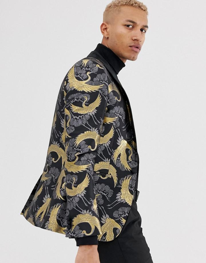 Tux Till Dawn Slim Fit Gold Thread Japanese Crane Jacquard Jacket - Black