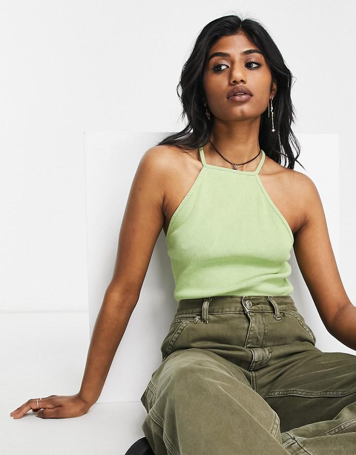 Topshop Strappy Ribbed Wash Cami Top In Green