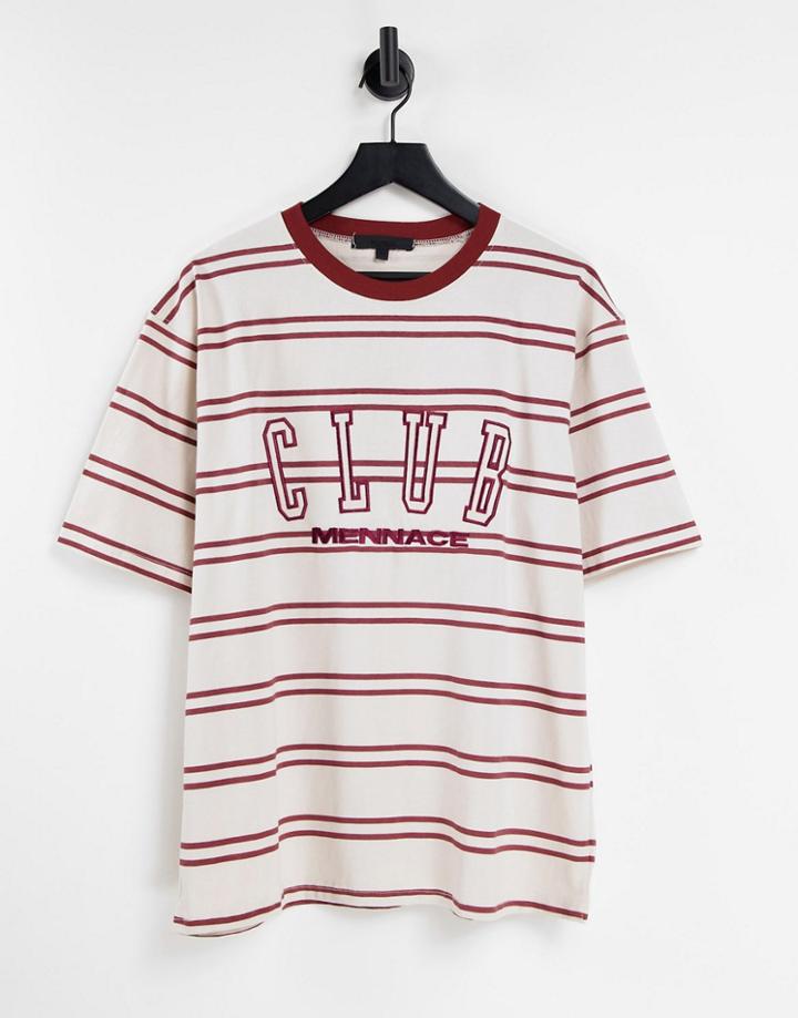 Mennace Boxy Fit T-shirt In Off White With Horizontal Red Stripes And Logo Print