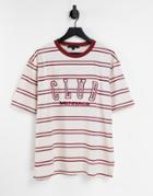 Mennace Boxy Fit T-shirt In Off White With Horizontal Red Stripes And Logo Print