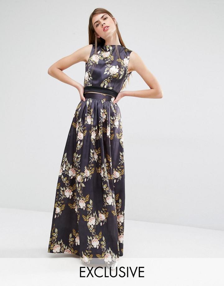 True Violet Full Satin Skirt - Black Multi Floral