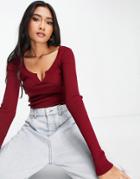 Asos Design Sweater With Notch Neck And Seam Detail In Dark Red