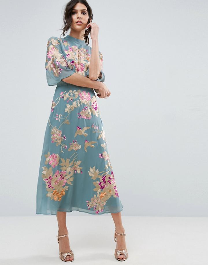 Asos Premium Midi Dress With Floral Embroidery - Green