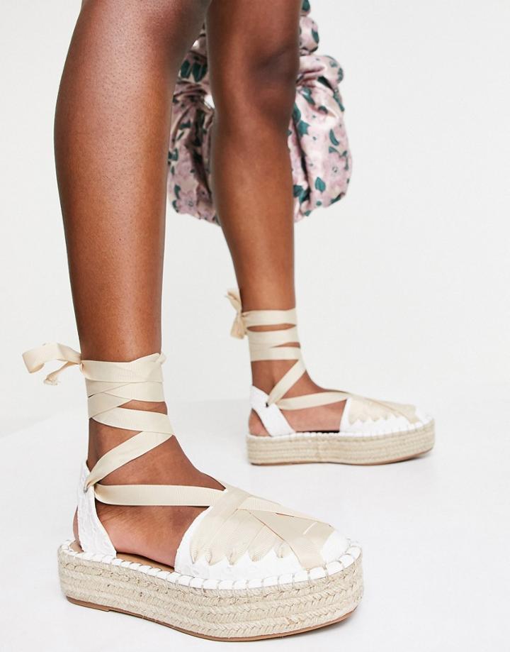 Asos Design Junior Flatform Espadrilles With Ankle Tie In White Crochet