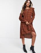 Y.a.s Valeria Long Sleeve Ruffle Front Check Midi Dress-brown