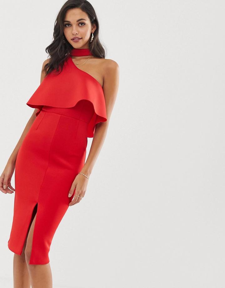 Lavish Alice Red Scuba High Neck One Shoulder Midi Dress - Red
