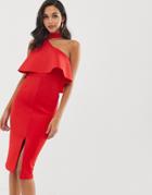 Lavish Alice Red Scuba High Neck One Shoulder Midi Dress - Red