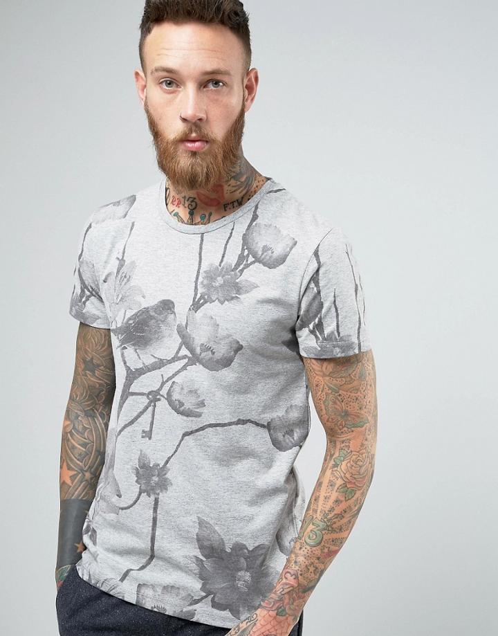 Selected Homme Crew Neck T-shirt With All Over Floral Print - Gray
