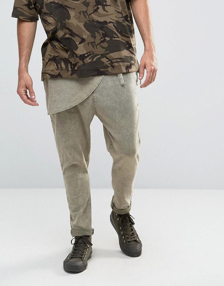 Asos Extreme Drop Crotch Acid Wash Pants With Wrap Around Front In Light Khaki - Green