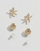 Asos Design Pack Of 3 Stud Earrings With Shell And Starfish Design In Gold - Gold