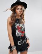 Kiss The Sky Festival Tank Top With Rock Roses Print - Black