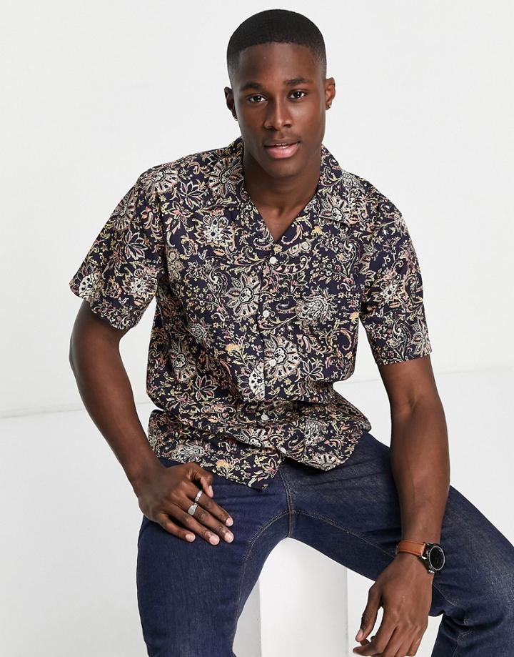 Selected Homme Sateen Shirt With Revere Collar In Paisley Print-navy