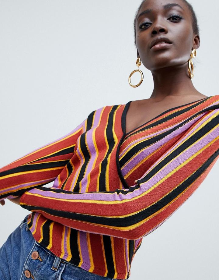 Asos Design Stripped Wrap Sweater In Knit - Multi