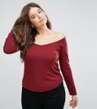 Asos Curve Top With Bardot V Neck In Rib - Red