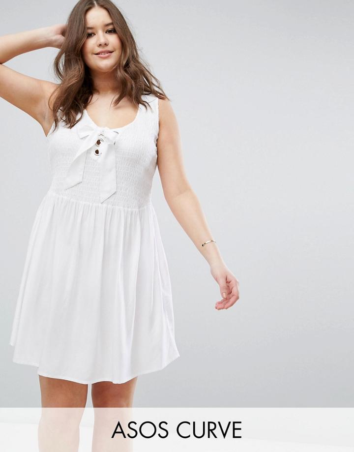 Asos Curve Shirred Sundress With Eyelet Detail - White