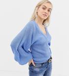 Brave Soul Petite Harrio V Neck Sweater With Wide Sleeves - Blue
