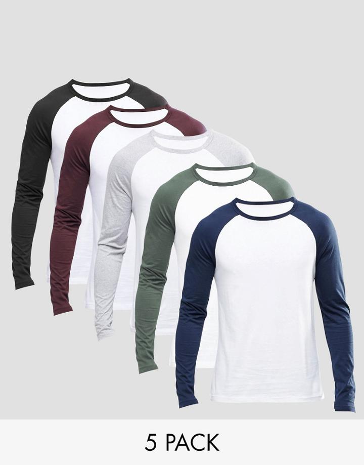 Asos Long Sleeve T-shirt With Contrast Raglan 5 Pack Save 24% - Multi