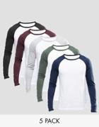 Asos Long Sleeve T-shirt With Contrast Raglan 5 Pack Save 24% - Multi