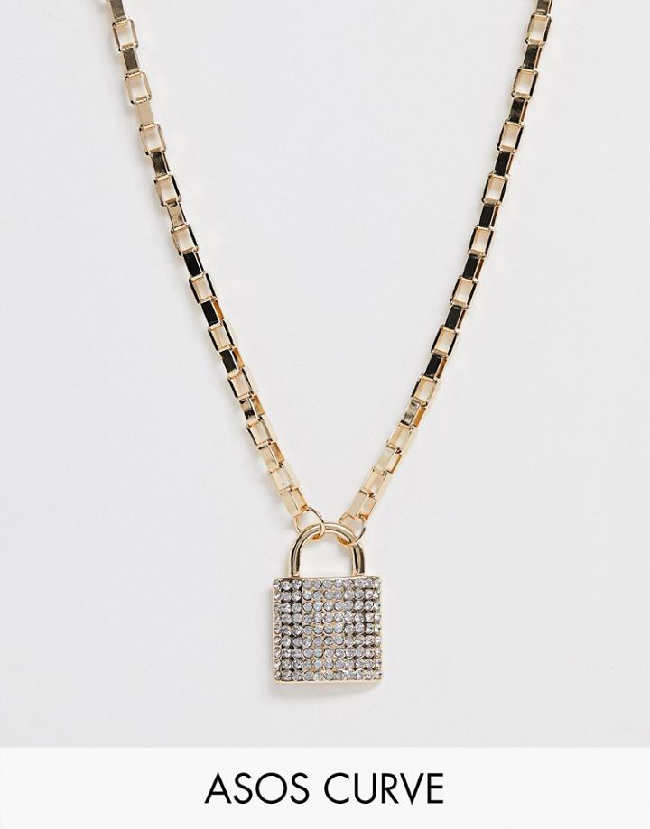 Asos Design Curve Necklace With Crystal Padlock Pendant And Hardware Chain In Gold Tone - Gold