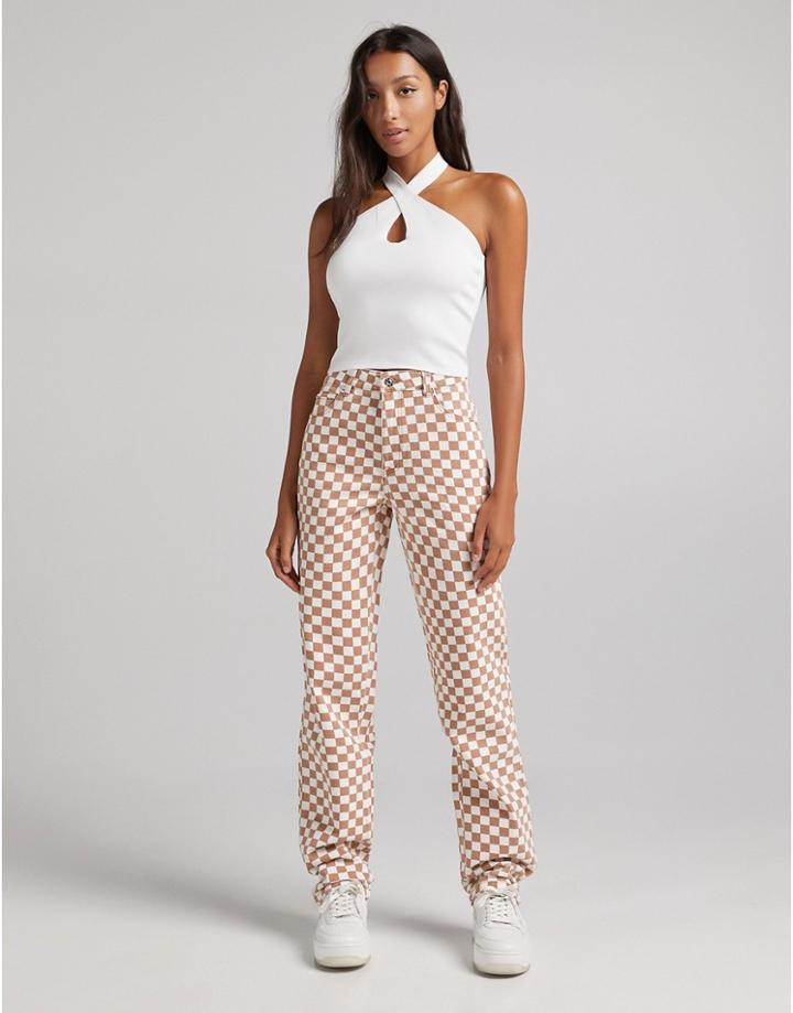 Bershka Checkerboard Printed Jeans In Brown