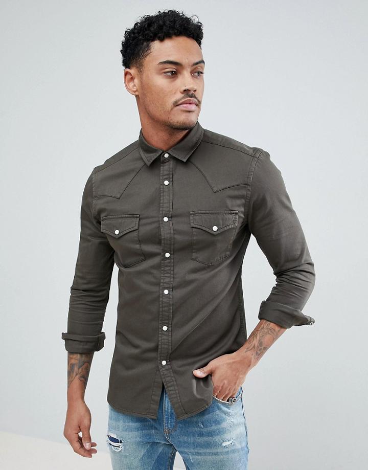 Asos Design Skinny Denim Western Shirt In Khaki - Green
