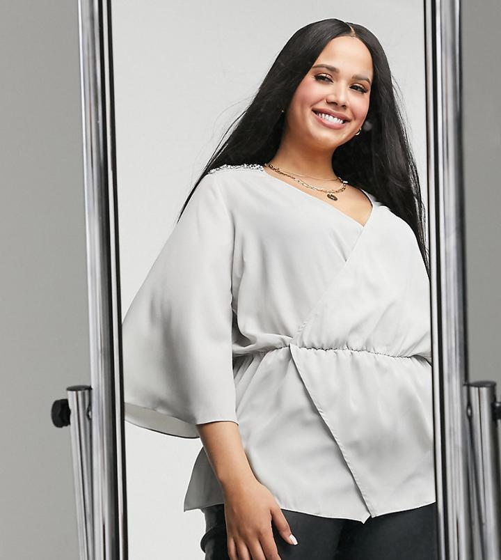 Simply Be Wrap Peplum Top In Silver