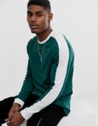 Asos Design Organic Long Sleeve T-shirt With Contrast Shoulder Panel In Green - Green