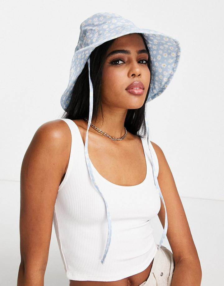 Monki Sun Hat With Chin Tie In Blue Daisy Print